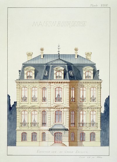 Vooraanzicht van een huis voor de Bourgeoisie, plaat XXXIII, uit een folio van ontwerpen, ca. 1870 door H. Monnot